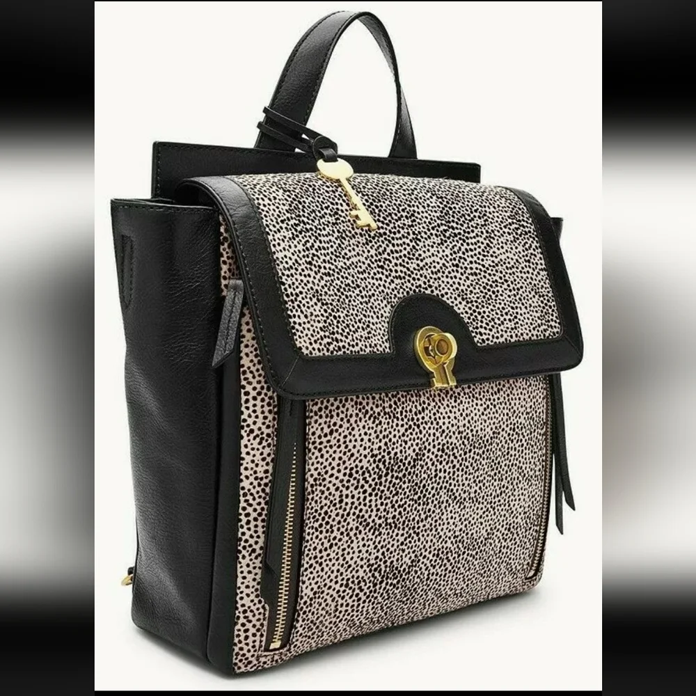 Fossil Amelia White Cheetah Black Leather Backpack Shoulder Bag ZB7856504 $298